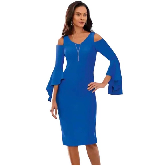 Midnight Velvet Blue Cold Shoulder Bell Sleeve Dress - Picture 1 of 16